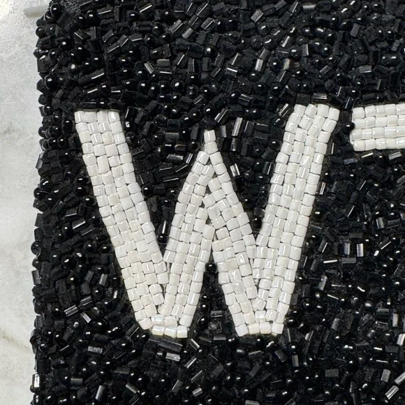 MOYNA “WTF” Black and White Beaded Zipper Pouch 5x3” - Picture 5 of 13